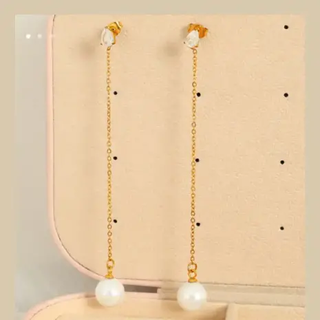 gold long earrings with pearl