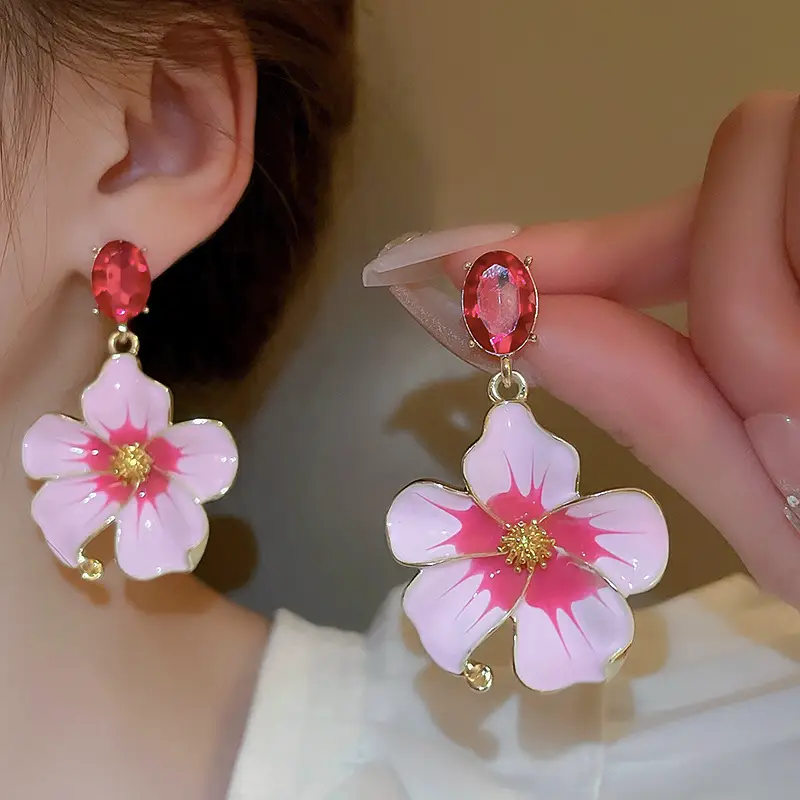 pink floral earrings model