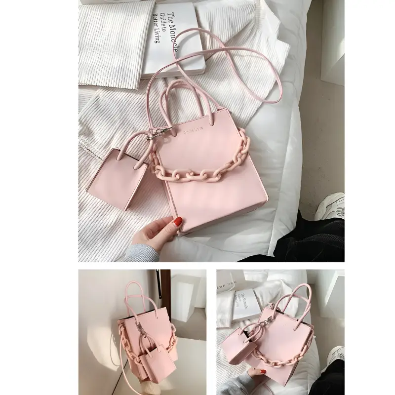 pink tote bag with keychain details