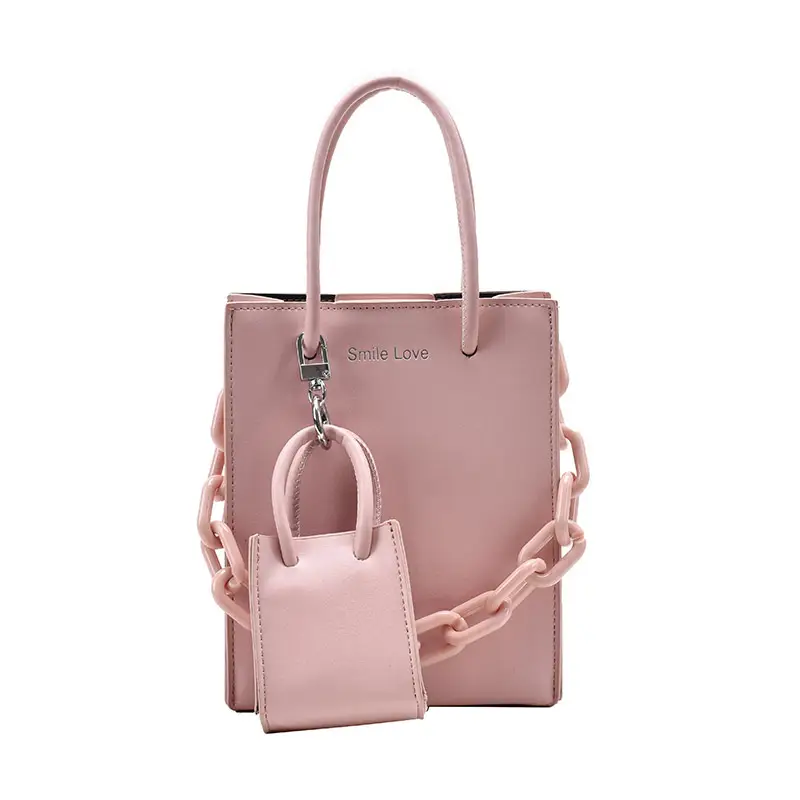 pink tote bag with keychain