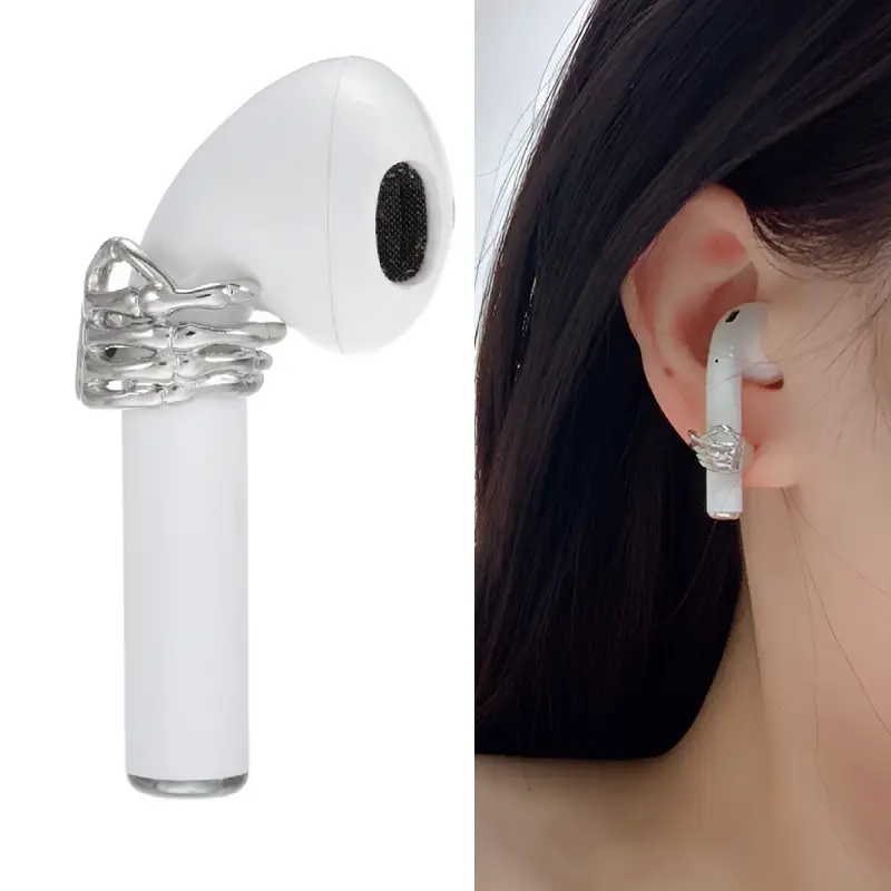 silver audio earrings model display