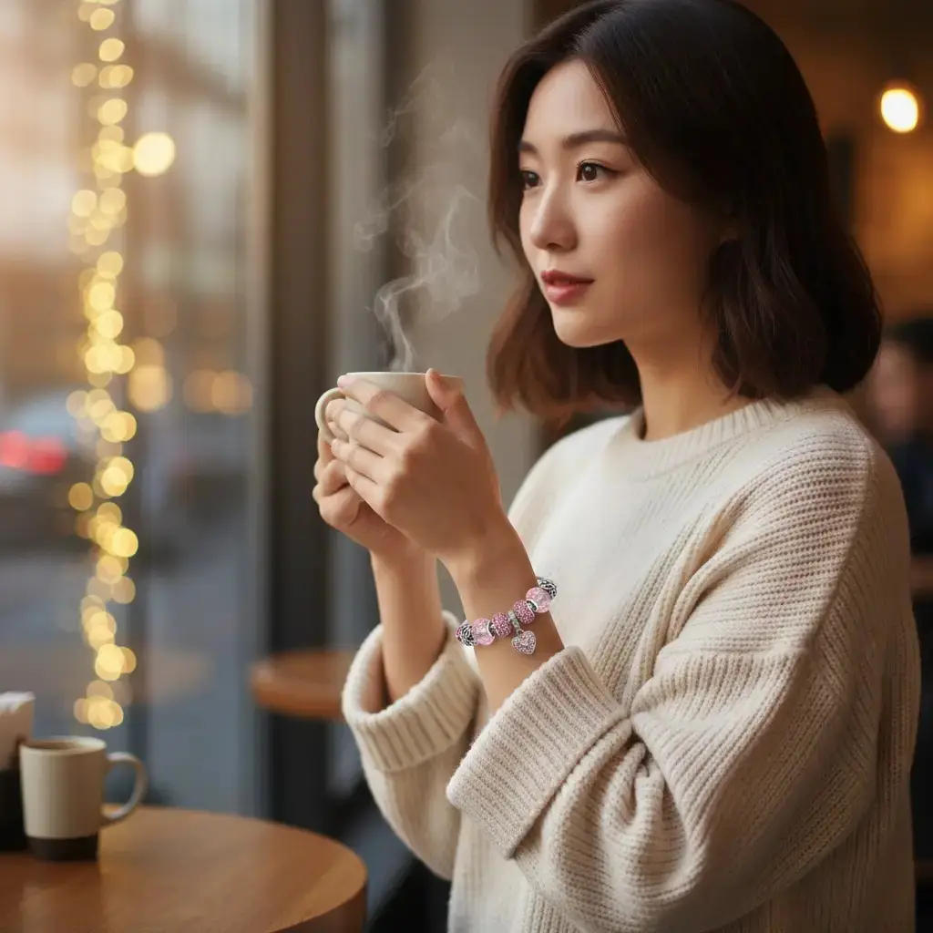 asian woman wearing pink heart charm bracelet