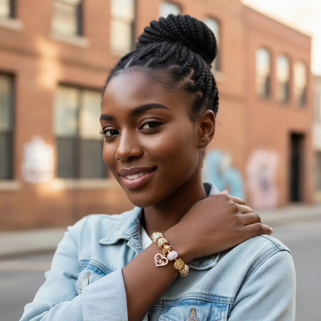 black girl wearing gold heart charm bracelet
