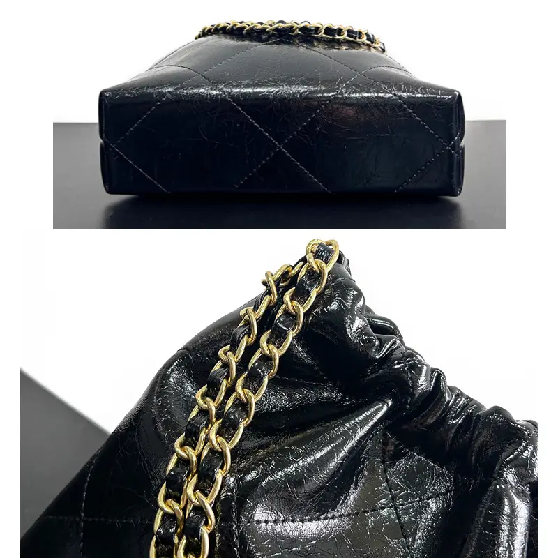 black drawstring bucket bag details