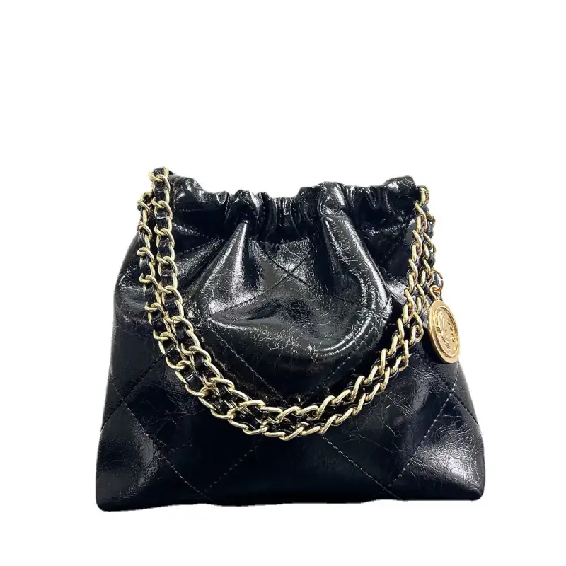 black quilted drawstring bucket bag