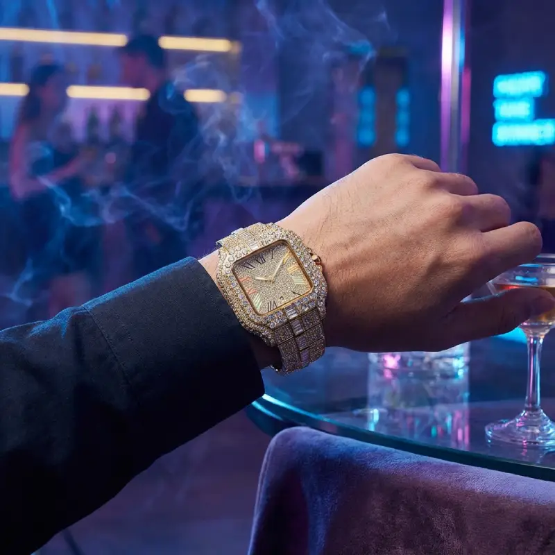 model wearing Iced out square watch