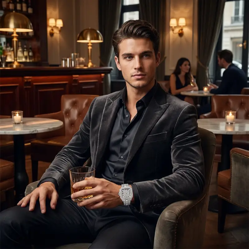 model with silver square watch