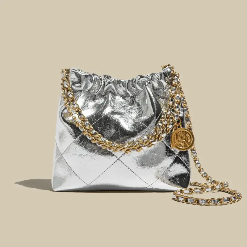 silver leather drawstring pouch