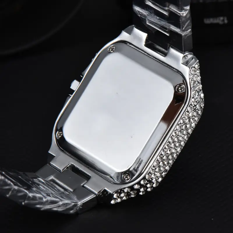 silver mens square watch back view