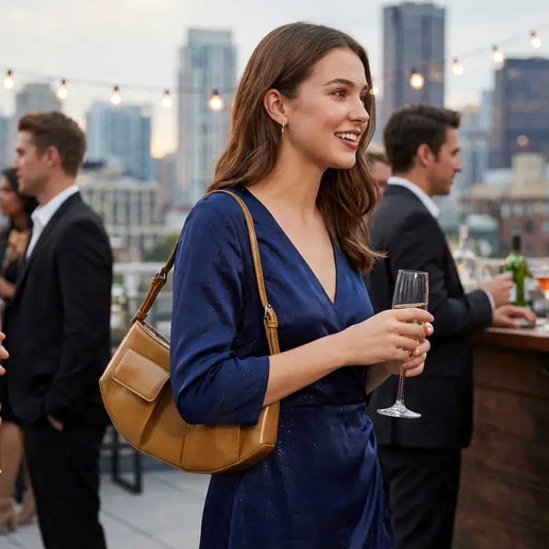 model carrying a caramel arch bag