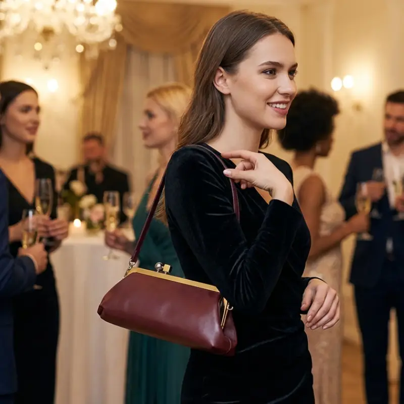 model carrying burgundy snap frame bag