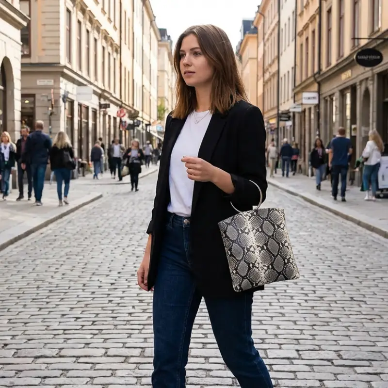 model with black snakeskin ring handle tote bag