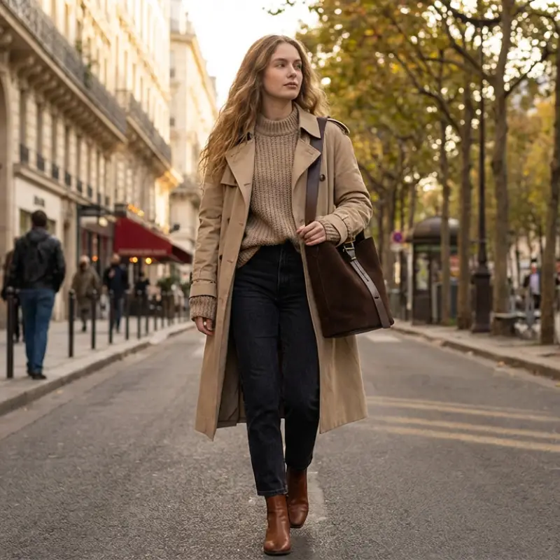 model with chocolate suede bucket bag