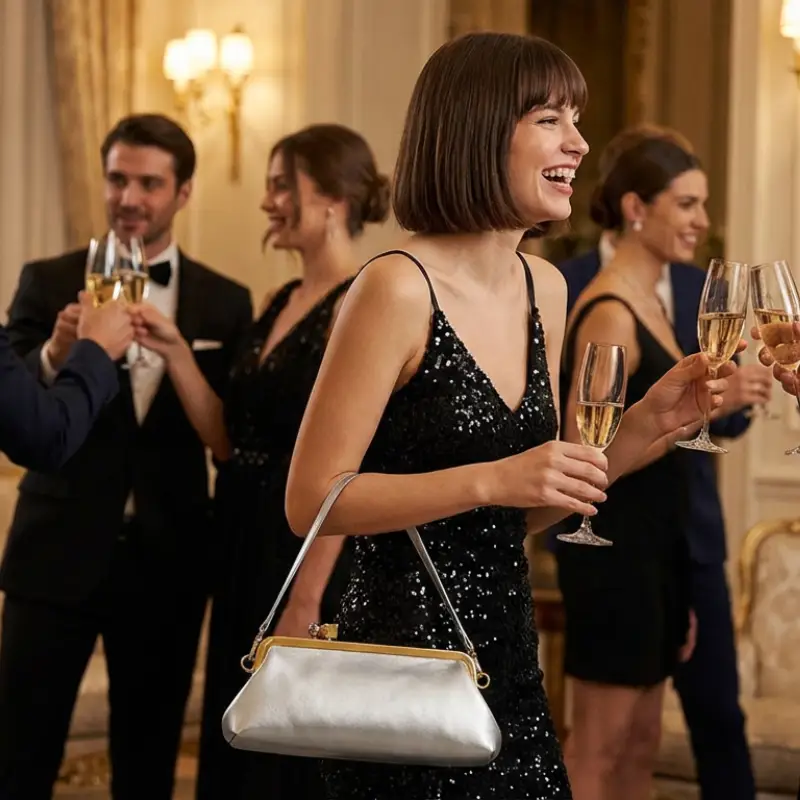 model with designer silver handbag