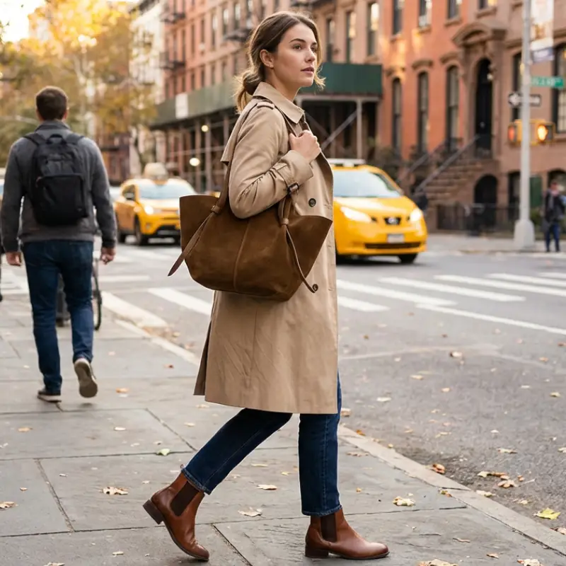 model with large hobo bag