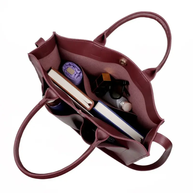 loaded burgundy tote top view