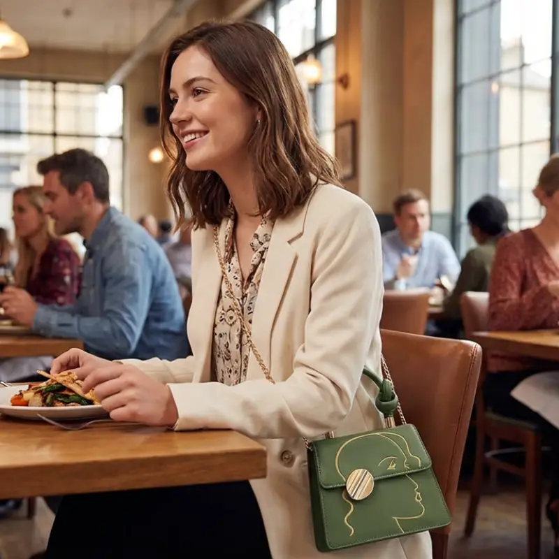 model carrying olive green handbag