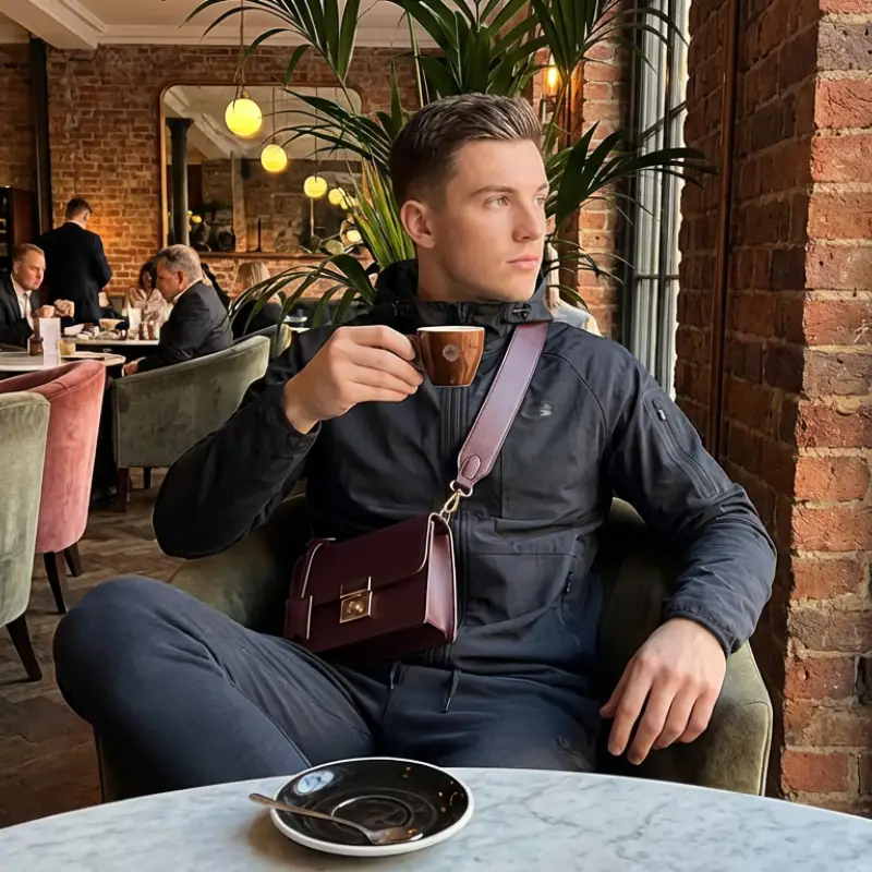 model wearing burgundy shoulder bag