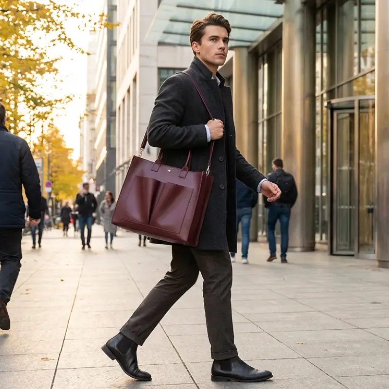 model with burgundy tote bag