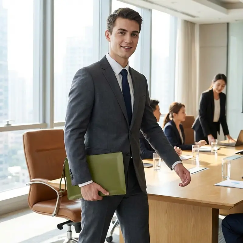 model with olive green PU leather clutch