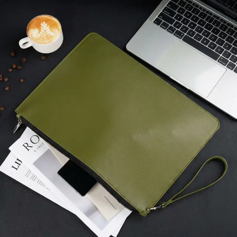 olive green PU leather clutch top view